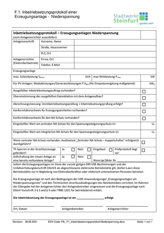 F.1. Inbetriebsetzungsprotokoll Niederspannung