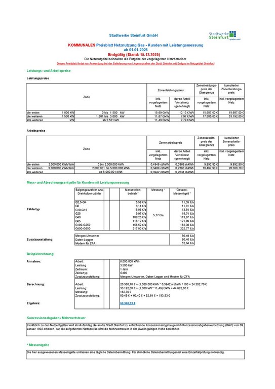 Endgültiges Preisblatt Gas Kommunal 2026