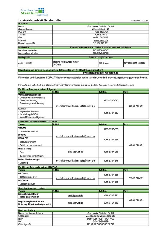 Kontaktdatenblatt Gas zum 01.10.2024