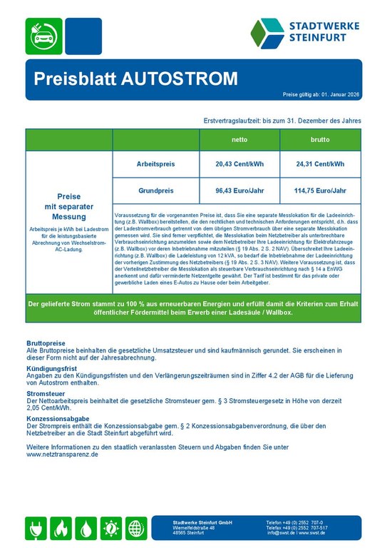 Preisblatt Autostrom