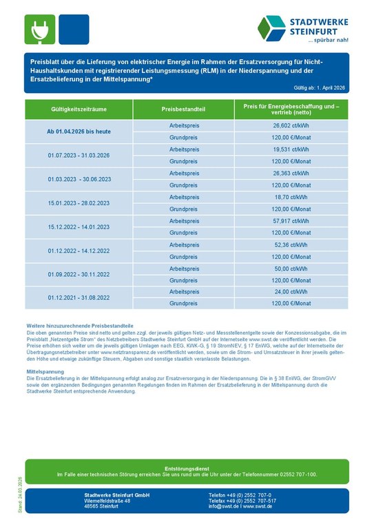 Preisblatt Ersatzversorgung Strom RLM