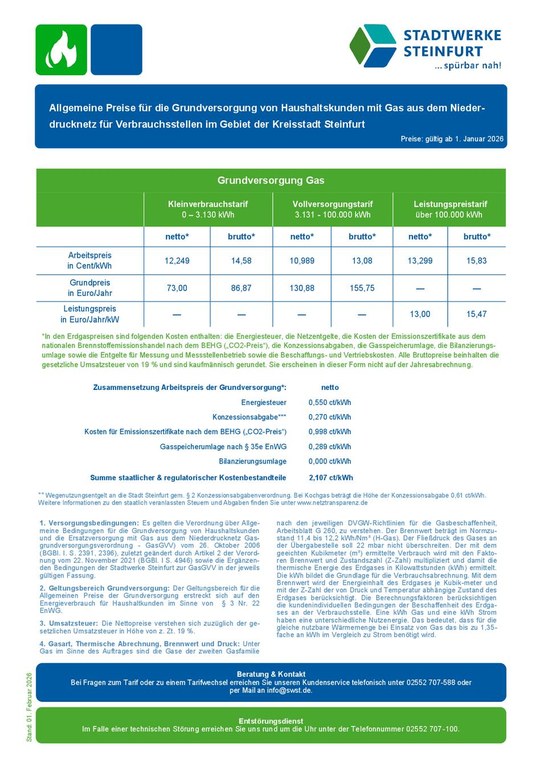 Preisblatt Grundversorgung Gas