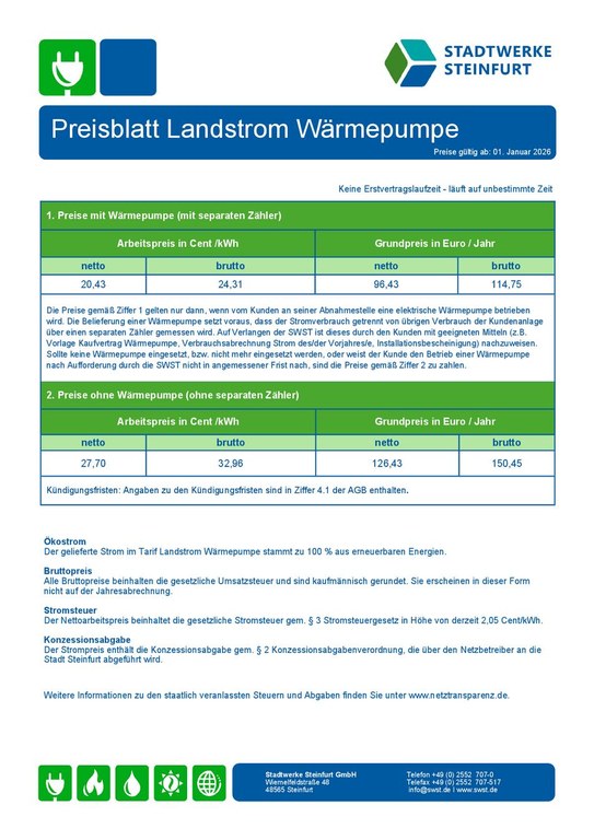 Preisblatt Landstrom WP