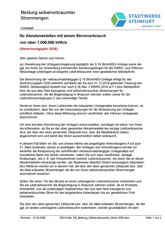 Meldung selbst verbrauchte Strommengen