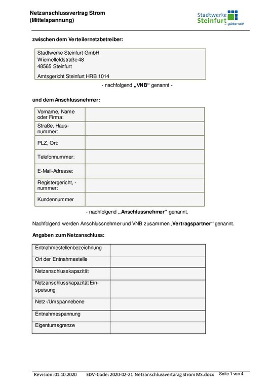 Netzanschlussvertrag Strom MS
