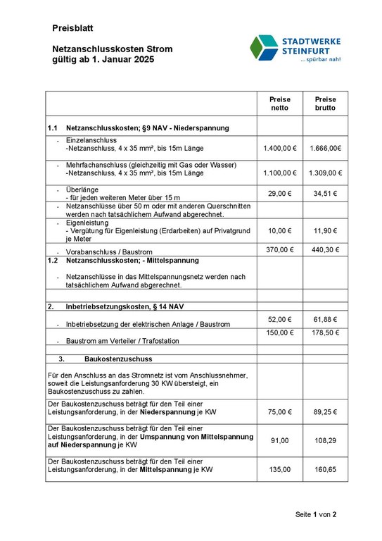 Preisblatt Netzanschluss Strom
