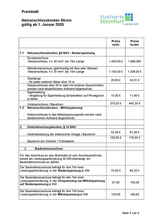 Preisblatt Netzanschluss Strom