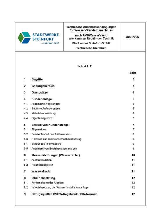 Techn. Anschlussbedingungen - Netzanschluss Wasser, Stand Juli 2017