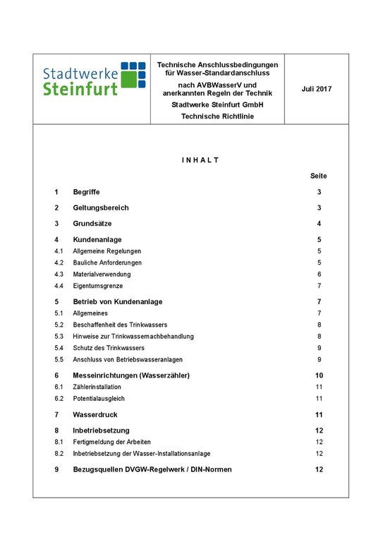 Techn. Anschlussbedingungen - Netzanschluss Wasser, Stand Juli 2017